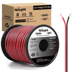 imageNilight 50FT 16AWG Copper Clad Aluminum Wire 162 Gauge Red Black CCA Electrical Cable 2 Conductor Parallel 12V24V DC Flexible Extension Cords for Car Audio Radio Speaker Amplifier18AWG100FT