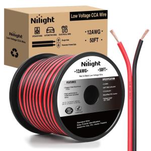 imageNilight 50FT 16AWG Copper Clad Aluminum Wire 162 Gauge Red Black CCA Electrical Cable 2 Conductor Parallel 12V24V DC Flexible Extension Cords for Car Audio Radio Speaker Amplifier12AWG50FT