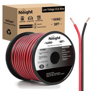 imageNilight 50FT 16AWG Copper Clad Aluminum Wire 162 Gauge Red Black CCA Electrical Cable 2 Conductor Parallel 12V24V DC Flexible Extension Cords for Car Audio Radio Speaker Amplifier14AWG50FT