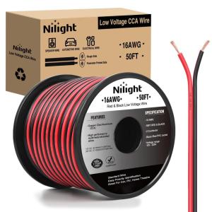 imageNilight 50FT 16AWG Copper Clad Aluminum Wire 162 Gauge Red Black CCA Electrical Cable 2 Conductor Parallel 12V24V DC Flexible Extension Cords for Car Audio Radio Speaker Amplifier16AWG50FT