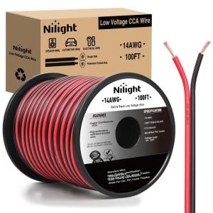 imageNilight 50FT 16AWG Copper Clad Aluminum Wire 162 Gauge Red Black CCA Electrical Cable 2 Conductor Parallel 12V24V DC Flexible Extension Cords for Car Audio Radio Speaker Amplifier14AWG100FT