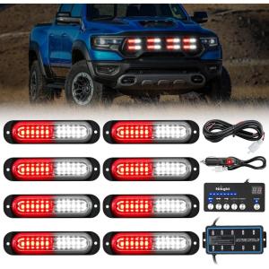 imageNilight 8PCS LED Strobe lights 12V Sync Feature Amber White 12 24LED Emergency Hazard Warning Lights with Controller for Cars Trucks RVs Campers 2 Years WarrantyRedWhite with Controller