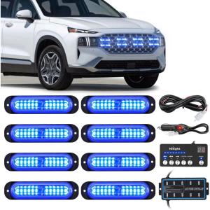 imageNilight 8PCS LED Strobe lights 12V Sync Feature Amber White 12 24LED Emergency Hazard Warning Lights with Controller for Cars Trucks RVs Campers 2 Years WarrantyBlue with Controller