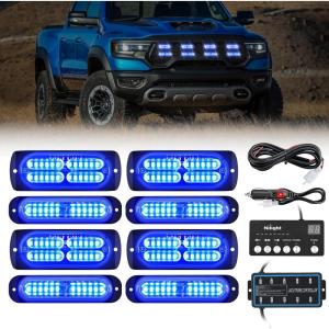 imageNilight 8PCS LED Strobe lights 12V Sync Feature Amber White 12 24LED Emergency Hazard Warning Lights with Controller for Cars Trucks RVs Campers 2 Years WarrantyBlue