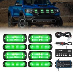 imageNilight 8PCS LED Strobe lights 12V Sync Feature Amber White 12 24LED Emergency Hazard Warning Lights with Controller for Cars Trucks RVs Campers 2 Years WarrantyGreen Lights wController 8Pcs
