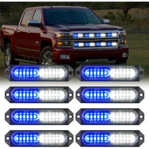imageNilight 8PCS LED Strobe lights 12V Sync Feature Amber White 12 24LED Emergency Hazard Warning Lights with Controller for Cars Trucks RVs Campers 2 Years WarrantyBlueWhite Lights 8Pcs