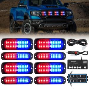 imageNilight 8PCS LED Strobe lights 12V Sync Feature Amber White 12 24LED Emergency Hazard Warning Lights with Controller for Cars Trucks RVs Campers 2 Years WarrantyRedBlue