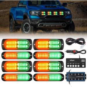 imageNilight 8PCS LED Strobe lights 12V Sync Feature Amber White 12 24LED Emergency Hazard Warning Lights with Controller for Cars Trucks RVs Campers 2 Years WarrantyAmberGreen