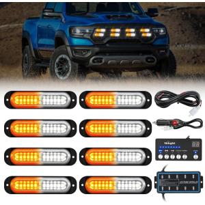 imageNilight 8PCS LED Strobe lights 12V Sync Feature Amber White 12 24LED Emergency Hazard Warning Lights with Controller for Cars Trucks RVs Campers 2 Years WarrantyAmberWhite with Controller