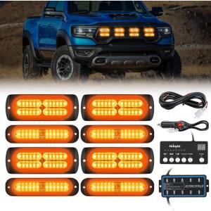 imageNilight 8PCS LED Strobe lights 12V Sync Feature Amber White 12 24LED Emergency Hazard Warning Lights with Controller for Cars Trucks RVs Campers 2 Years WarrantyAmber Lights wController 8Pcs
