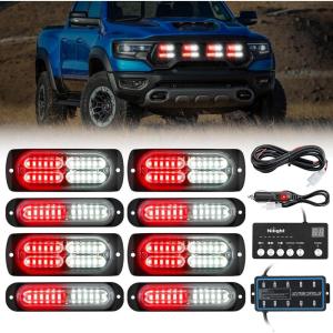 imageNilight 8PCS LED Strobe lights 12V Sync Feature Amber White 12 24LED Emergency Hazard Warning Lights with Controller for Cars Trucks RVs Campers 2 Years WarrantyRedWhite Lights wController 8Pcs