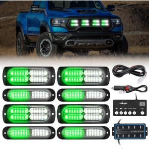 imageNilight 8PCS LED Strobe lights 12V Sync Feature Amber White 12 24LED Emergency Hazard Warning Lights with Controller for Cars Trucks RVs Campers 2 Years WarrantyGreenWhite Lights wController 8Pcs