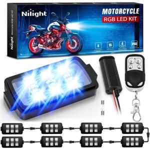 imageNilight 8PCS Motorcycle RGB Led Light Kit Waterproof MultiColor Atmosphere Lights Lamp with 4Key RF Wireless Remote for Harley Davidson Honda Kawasaki Suzuki 2 Years Warranty TL428Pcs RGB LED Pods Lights