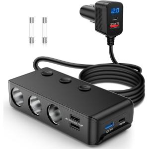 imageNilight Dual Cigarette Lighter Socket with Wire 12V Dual Power Plug Replacement Cigar Lighter receptable with Cover and Mounting Screws for Cars Trucks RVs Boats ATVs 50060BUSB4PD2 Cigarette Lighter Adapter