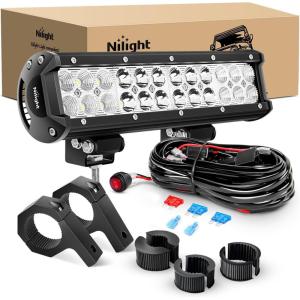 imageNilight LED Light Bar 12 Inch 72W Spot Flood Combo Off Road Lights Driving Fog Led Pods Lights with 16AWG Wiring Harness Kit2 Leads for Van Camper Car Pickup Golf Cart ATV UTV SUV Truck Boat 4x472W Light Clamp Mounting Wiring harness
