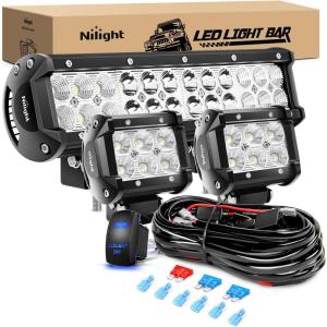 imageNilight LED Light Bar 12 Inch 72W Spot Flood Combo Off Road Lights Driving Fog Led Pods Lights with 16AWG Wiring Harness Kit2 Leads for Van Camper Car Pickup Golf Cart ATV UTV SUV Truck Boat 4x472W Light 18w 2Pcs Light Wiring harness