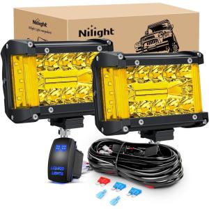 imageNilight LED Light Bar 2PC 4Inch 60W Flood Spot Combo Triple Row Driving Lamp Roof Bumper Off Road Work Lights for Van Camper Wagon Car Pickup Golf Cart ATV UTV SUV Truck Boat 4x4Yellow Side Shooter Pods  Wiring