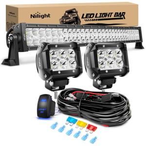 imageNilight LED Light Bar 33Inch Triple Row Spot Flood Combo Lights Red Shell with Wiring Harness Kit for Fog Driving Work Lighting on OffRoad Truck SUV ATV UTV180W Light 2Pcs 18W LED Pods Wiring Harness