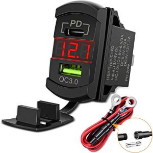 imageNilight Rocker Switch Style USB Outlet LED Voltmeter Quick Connector 12V PD Type C and USB QC 30 Cars Replacement with Inline Fuse for Switches Panel on Boats RV Truck CarType C  USB Voltmeter Red