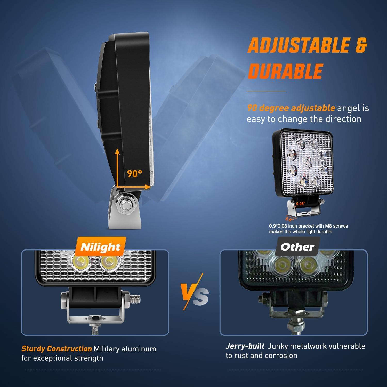 imageNilight 43 Inch Square Utility LED Work Light WIntegrated Toggle Switch 2PCS 60W 150 Flood Lamp for Offroad Heavy Equipment Vehicles Truck Tractor Golf Cart Boat ATV UTV2Pcs 27W Spot Lights