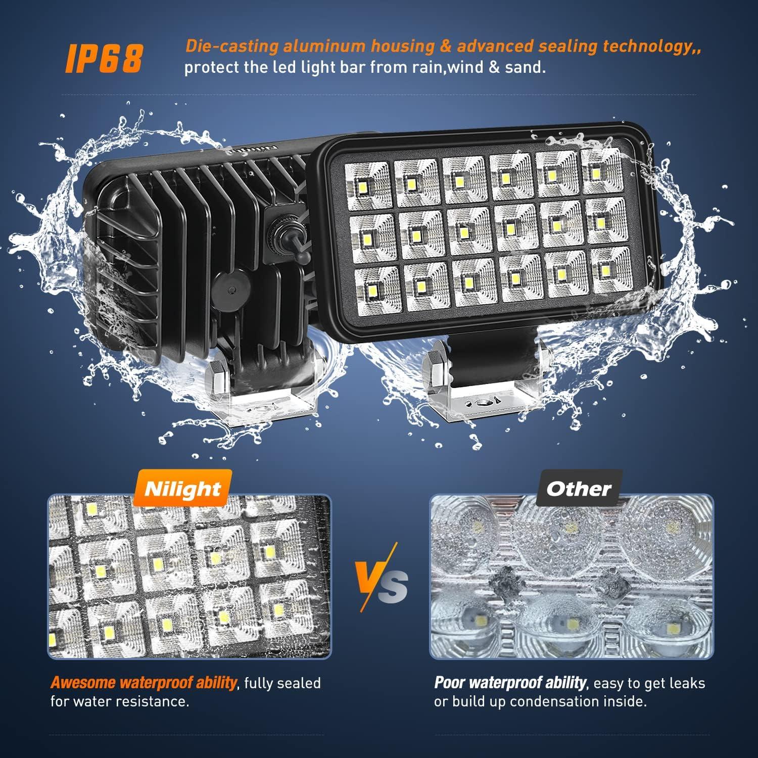 imageNilight 43 Inch Square Utility LED Work Light WIntegrated Toggle Switch 2PCS 60W 150 Flood Lamp for Offroad Heavy Equipment Vehicles Truck Tractor Golf Cart Boat ATV UTV2Pcs 18Led Flood Lights