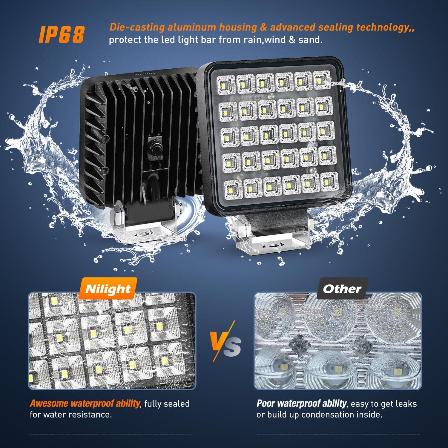 imageNilight 43 Inch Square Utility LED Work Light WIntegrated Toggle Switch 2PCS 60W 150 Flood Lamp for Offroad Heavy Equipment Vehicles Truck Tractor Golf Cart Boat ATV UTV2Pcs 30Led Flood Lights