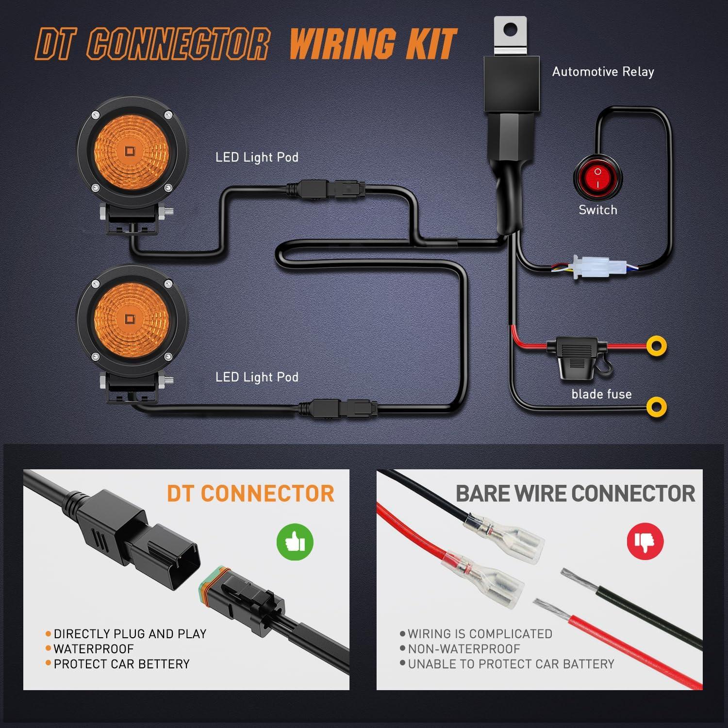 imageNilight LED Light Pods 2 PCS 3quot Flood Round Offroad Fog Driving Auxiliary Lights 1080LM Builtin EMC w18AWG DT Wiring Harness Kit for Motorcycle SUV ATV Truck BoatAmber Led Pods 2Pcs Wiring Harness