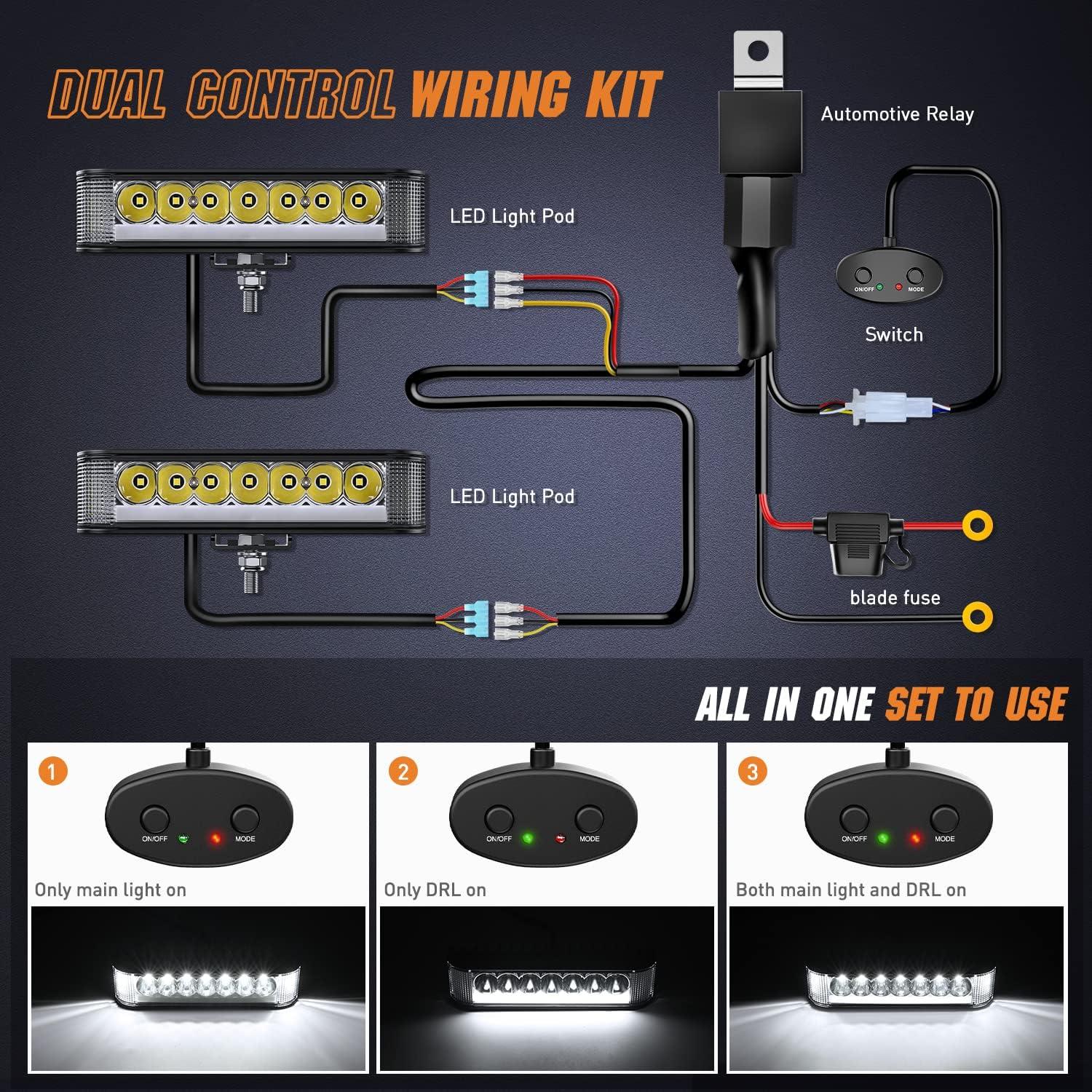 imageNilight LED Light Pods 65 Inch 2 PCS 30W 3250LM Spot Fog w 16AWG Wiring Kit for Driving Bumper Reverse Auxiliary Lights on Truck ATV UTV Jeep65 Inch sideshooter light w white DRL