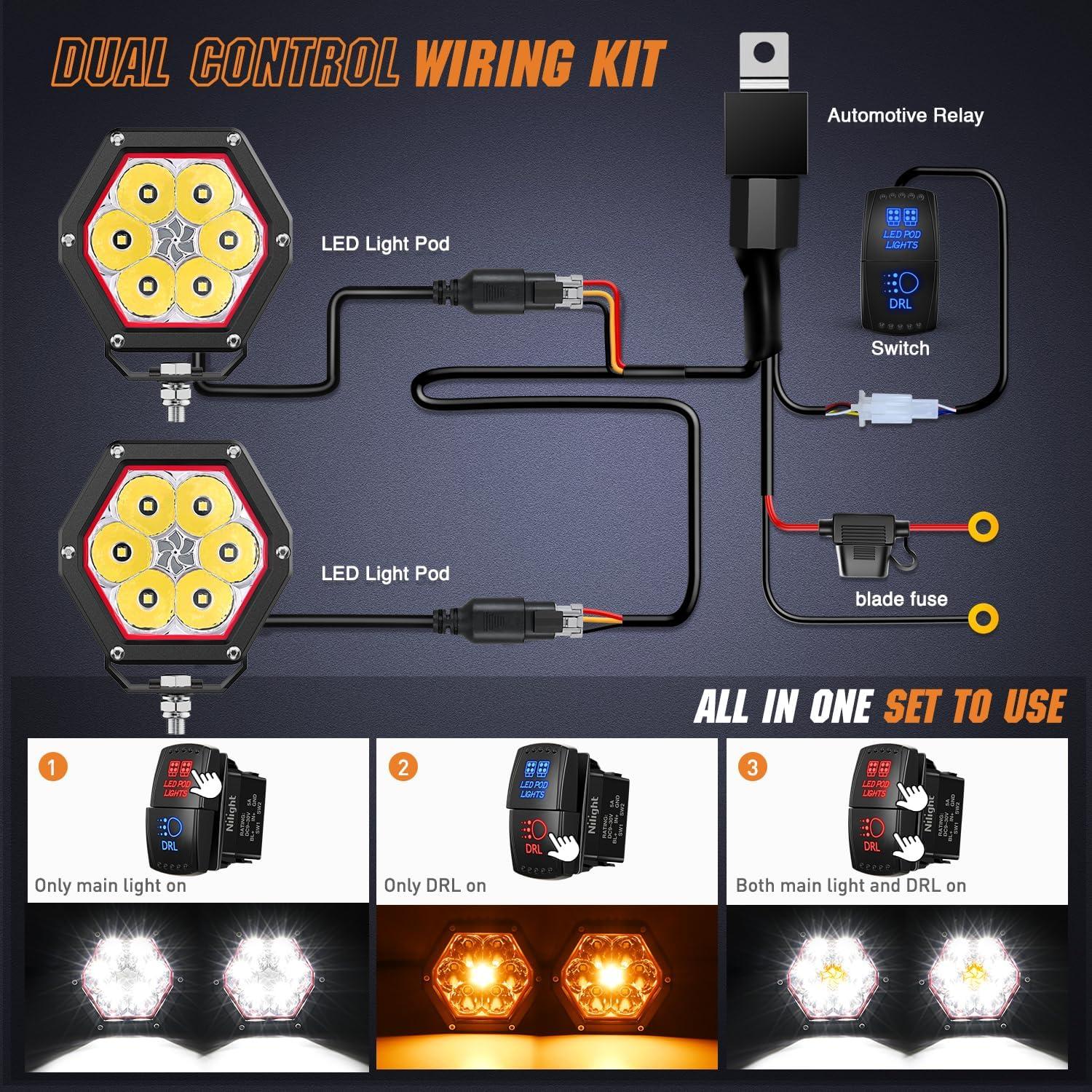 imageNilight LED Pod Lights with Amber DRL 4 Inch 30 W Hexagon Offroad Driving 2600 LM Super Spot Light 16 AWG Wiring Harness Kit for LED Auxiliary Work Lights for Truck UTV ATV SUV 4x44 Inch Pod Lights with Amber DRL
