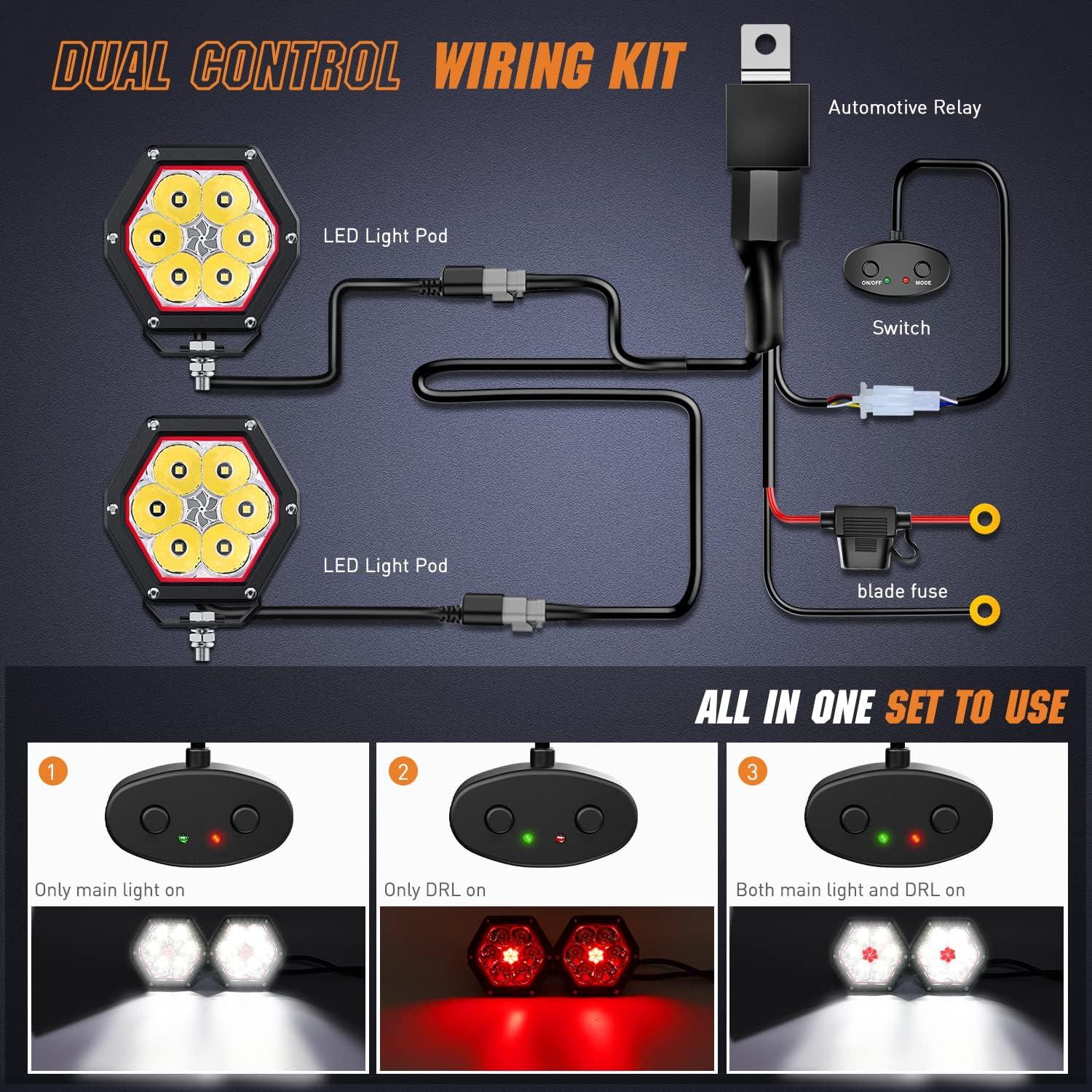 imageNilight LED Pod Lights with Amber DRL 4 Inch 30 W Hexagon Offroad Driving 2600 LM Super Spot Light 16 AWG Wiring Harness Kit for LED Auxiliary Work Lights for Truck UTV ATV SUV 4x44 Inch Pod Lights with White DRL