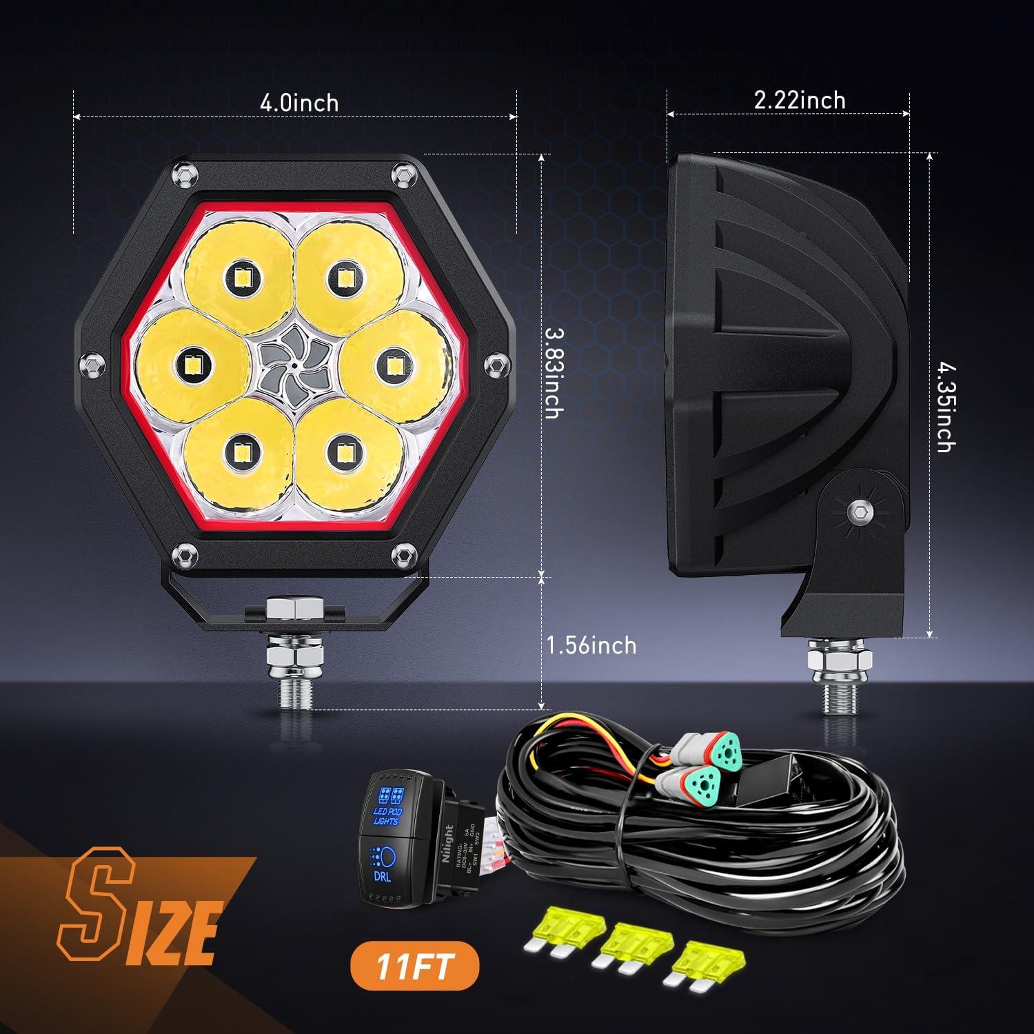 imageNilight LED Pod Lights with Amber DRL 4 Inch 30 W Hexagon Offroad Driving 2600 LM Super Spot Light 16 AWG Wiring Harness Kit for LED Auxiliary Work Lights for Truck UTV ATV SUV 4x44 Inch Pod Lights with Amber DRL