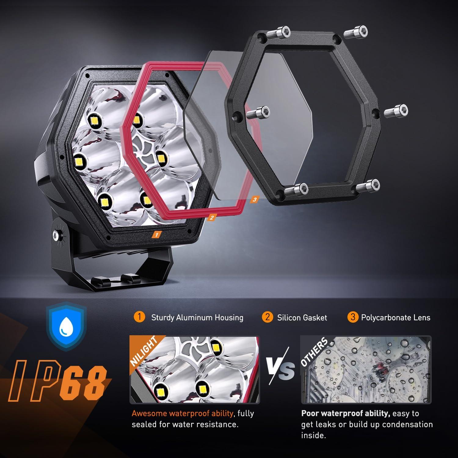 imageNilight LED Pod Lights with Amber DRL 4 Inch 30 W Hexagon Offroad Driving 2600 LM Super Spot Light 16 AWG Wiring Harness Kit for LED Auxiliary Work Lights for Truck UTV ATV SUV 4x44 Inch Pod Lights with Amber DRL