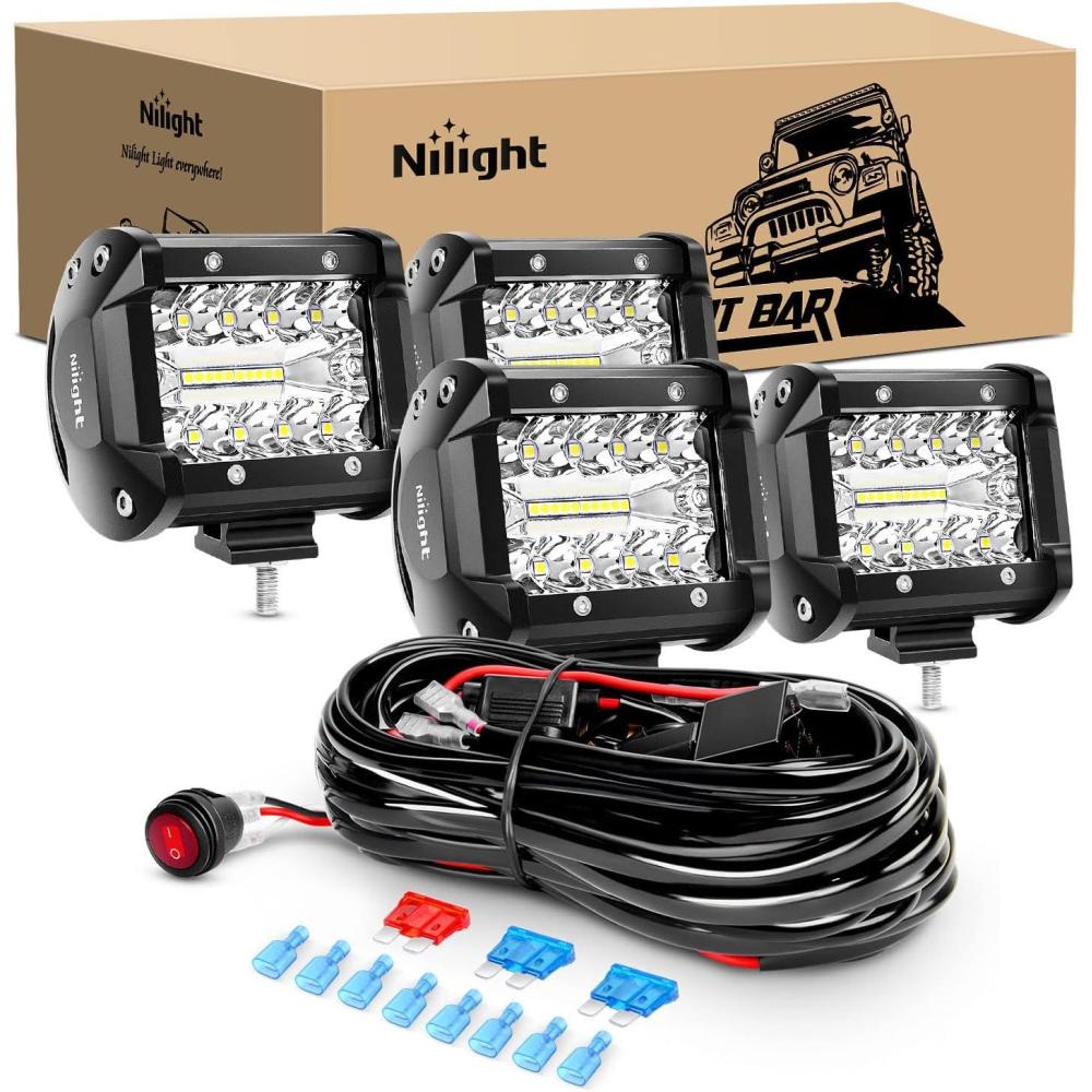 imageNilight  ZH416 4PCS 4Inch 60W Triple Row Flood Spot Combo 6000LM LED Pods Light Bar Driving Boat Led Off Road Lights with 16AWG Wiring Harness4 Leads