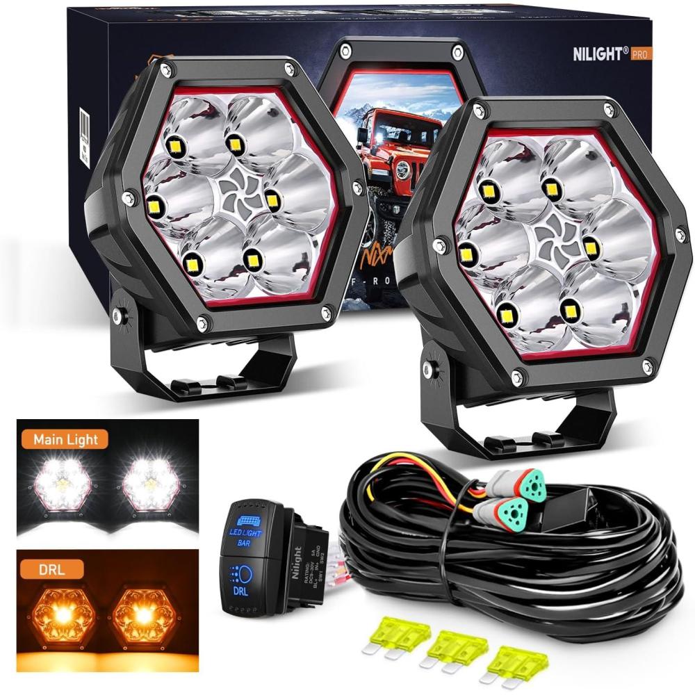 imageNilight LED Pod Lights with Amber DRL 4 Inch 30 W Hexagon Offroad Driving 2600 LM Super Spot Light 16 AWG Wiring Harness Kit for LED Auxiliary Work Lights for Truck UTV ATV SUV 4x44 Inch Pod Lights with Amber DRL