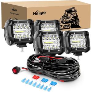 imageNilight  ZH416 4PCS 4Inch 60W Triple Row Flood Spot Combo 6000LM LED Pods Light Bar Driving Boat Led Off Road Lights with 16AWG Wiring Harness4 Leads