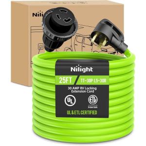 imageNilight 30A 25FT Generator Extension Cord Power Inlet Box with Locking Connector 125250V 7500W 10 Gauge STW ETL Listed 4 Prong L1430P L1430R Cable for Generator RV Outdoor Use30 Amp Locking Green