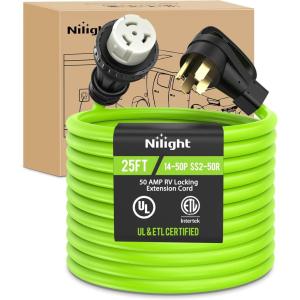 imageNilight 30A 25FT Generator Extension Cord Power Inlet Box with Locking Connector 125250V 7500W 10 Gauge STW ETL Listed 4 Prong L1430P L1430R Cable for Generator RV Outdoor Use50 Amp Locking Green
