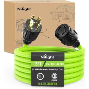 imageNilight 30A 25FT Generator Extension Cord Power Inlet Box with Locking Connector 125250V 7500W 10 Gauge STW ETL Listed 4 Prong L1430P L1430R Cable for Generator RV Outdoor Use30Amp 4Prong Twist Lock Green