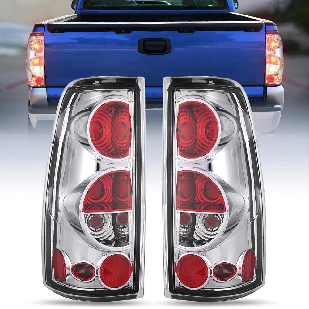 imageNilight Taillight Assembly Compatible with 1999 2000 2001 2002 2003 2004 2005 2006 2007 Chevy Silverado 19992002 GMC Sierra Rear Lamp Classic Body OE Style Chrome Housing Clear LensChrome