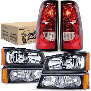 imageNilight Taillight Assembly Compatible with 2003 2004 2005 2006 Chevy Silverado 1500 1500HD 2500 2500HD 3500 2007 Chevrolet Classic OE Style Taillight Rear Lamp Driver and Passenger Side wBulbsBlack Housing  Amber Reflector