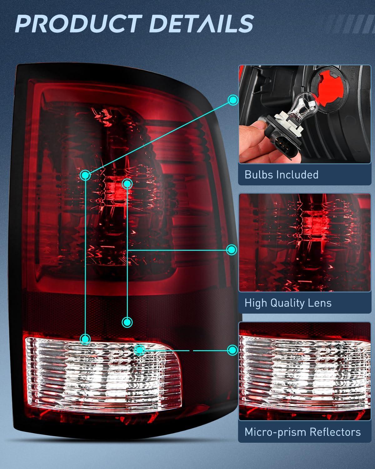 imageNilight Passenger Side Taillight Assembly for 2009 2010 2011 2012 2013 2014 2015 2016 2017 2018 Dodge Ram 1500 2500 3500 Rear Lamp Replacement OE Style wBulbs and Harness RightDark RedPair of Driver and Passenger Side