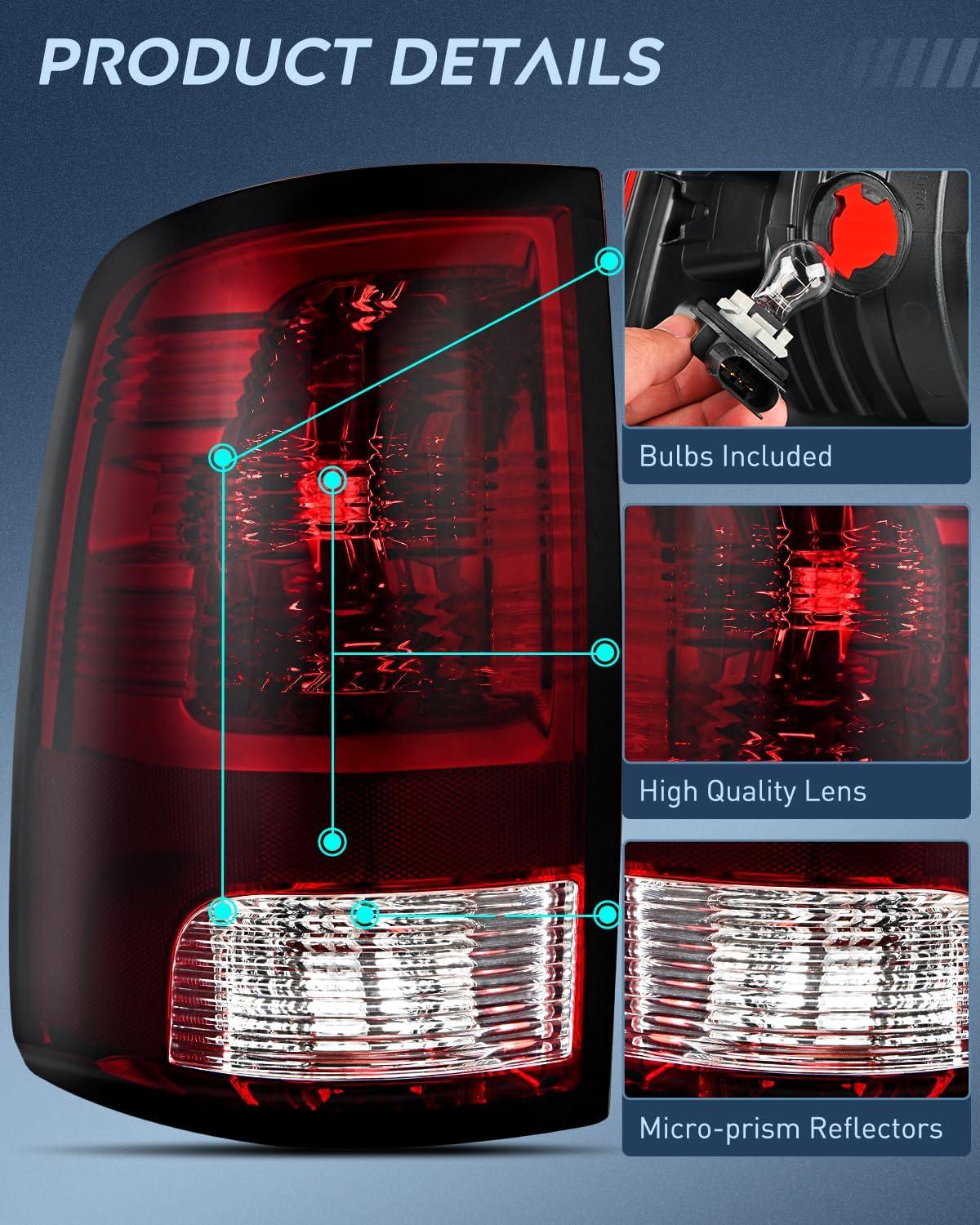 imageNilight Passenger Side Taillight Assembly for 2009 2010 2011 2012 2013 2014 2015 2016 2017 2018 Dodge Ram 1500 2500 3500 Rear Lamp Replacement OE Style wBulbs and Harness RightDark RedDriver Side