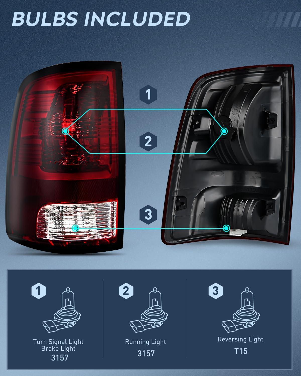 imageNilight Passenger Side Taillight Assembly for 2009 2010 2011 2012 2013 2014 2015 2016 2017 2018 Dodge Ram 1500 2500 3500 Rear Lamp Replacement OE Style wBulbs and Harness RightDark RedDriver Side