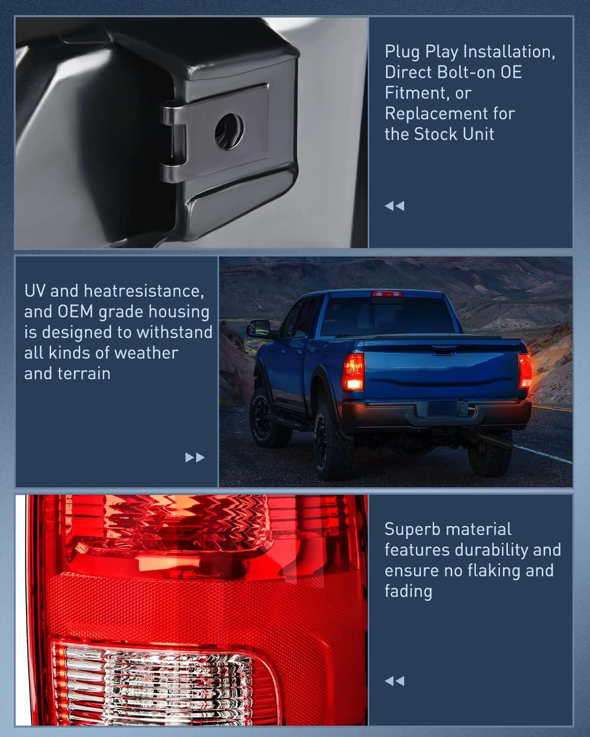 imageNilight Passenger Side Taillight Assembly for 2009 2010 2011 2012 2013 2014 2015 2016 2017 2018 Dodge Ram 1500 2500 3500 Rear Lamp Replacement OE Style wBulbs and Harness RightRedDriver Side