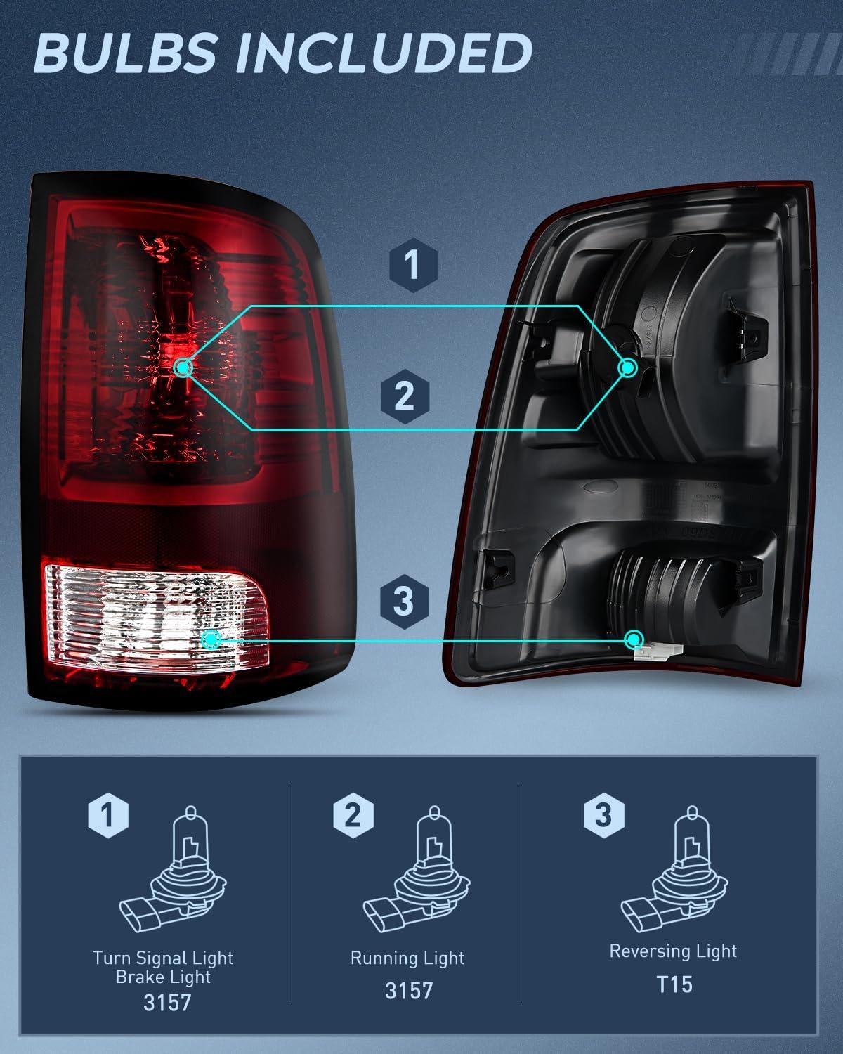 imageNilight Passenger Side Taillight Assembly for 2009 2010 2011 2012 2013 2014 2015 2016 2017 2018 Dodge Ram 1500 2500 3500 Rear Lamp Replacement OE Style wBulbs and Harness RightDark RedPair of Driver and Passenger Side