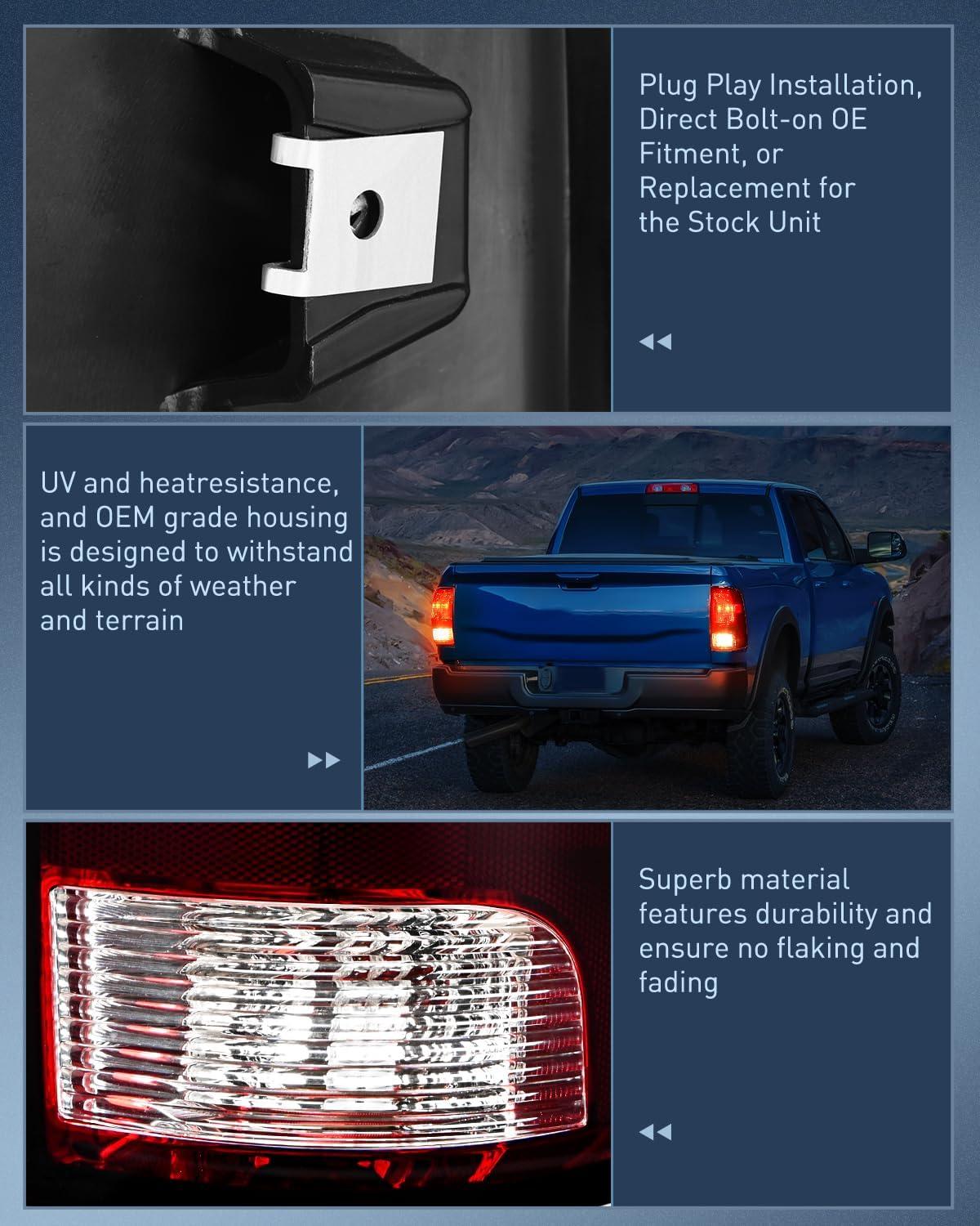 imageNilight Passenger Side Taillight Assembly for 2009 2010 2011 2012 2013 2014 2015 2016 2017 2018 Dodge Ram 1500 2500 3500 Rear Lamp Replacement OE Style wBulbs and Harness RightDark RedPair of Driver and Passenger Side