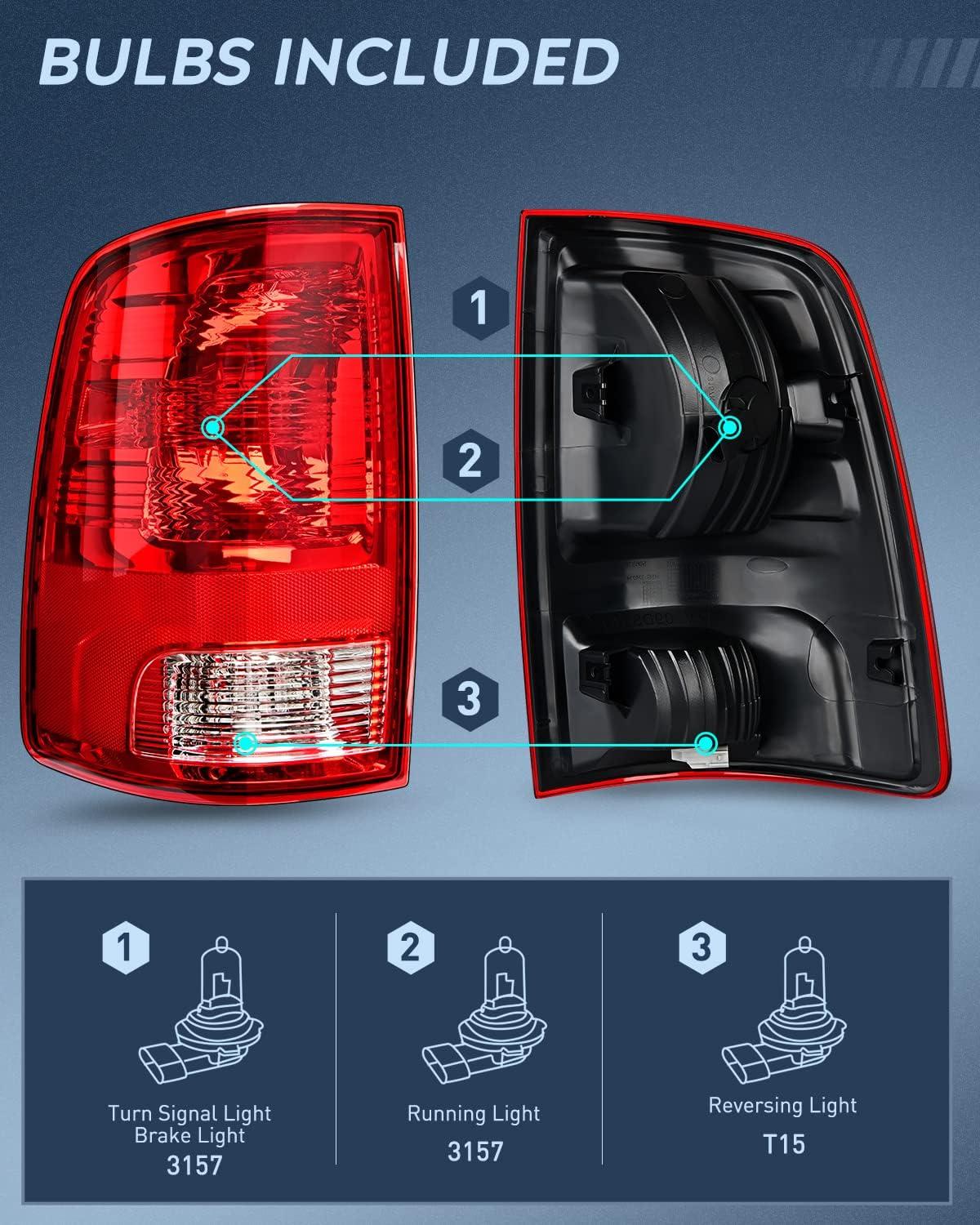 imageNilight Passenger Side Taillight Assembly for 2009 2010 2011 2012 2013 2014 2015 2016 2017 2018 Dodge Ram 1500 2500 3500 Rear Lamp Replacement OE Style wBulbs and Harness RightRedDriver Side
