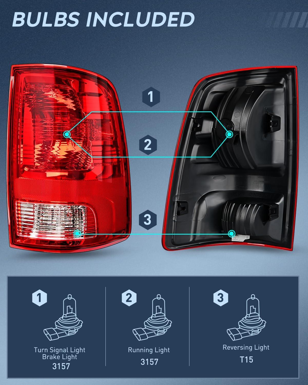 imageNilight Passenger Side Taillight Assembly for 2009 2010 2011 2012 2013 2014 2015 2016 2017 2018 Dodge Ram 1500 2500 3500 Rear Lamp Replacement OE Style wBulbs and Harness RightRedPassenger Side