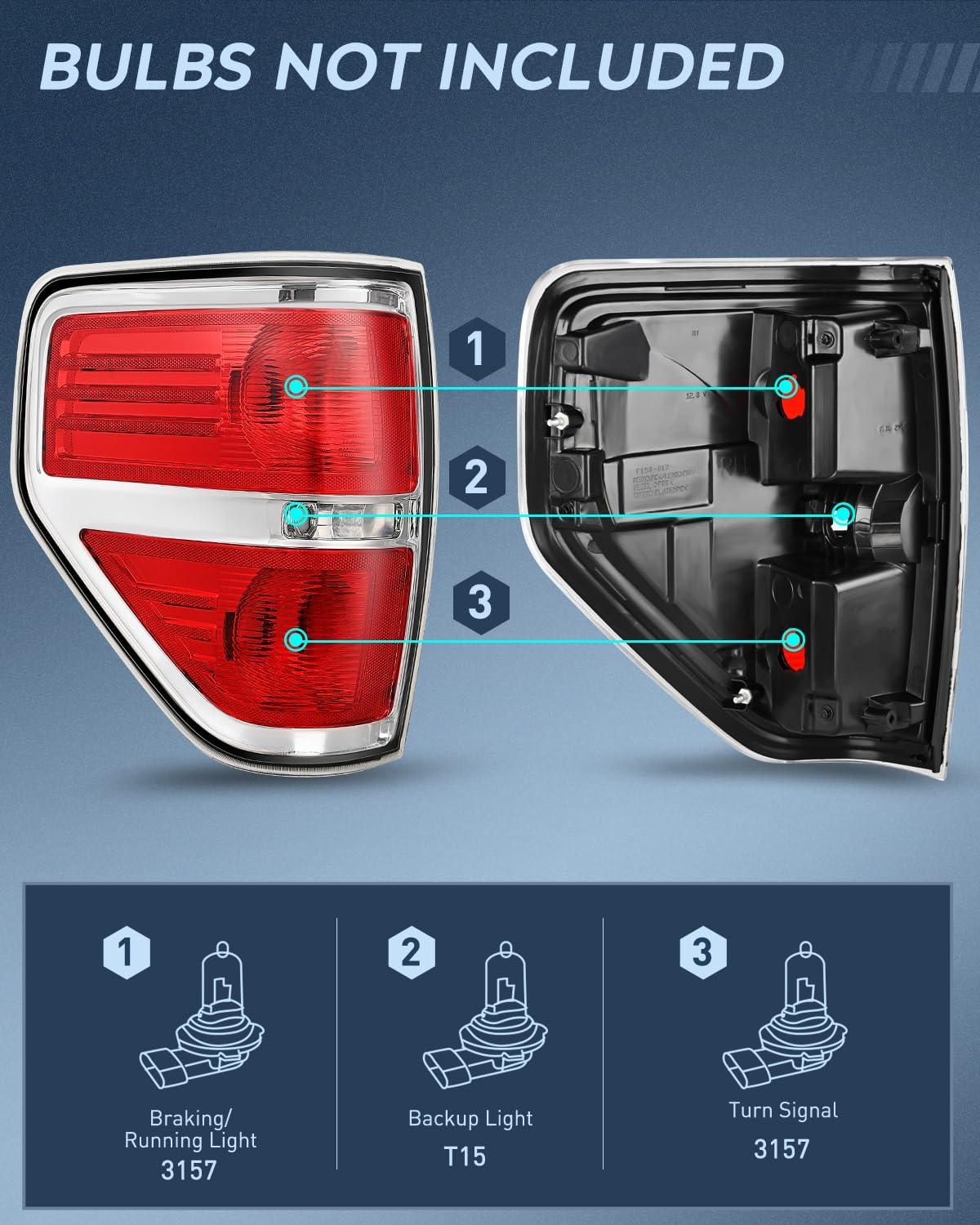 imageNilight Passenger Side Taillight Assembly for 2009 2010 2011 2012 2013 2014 Ford FF150 F150 Pickup Truck Right Rear Lamp Replacement OE Style Red Housing Tail lampChromeDriver Side