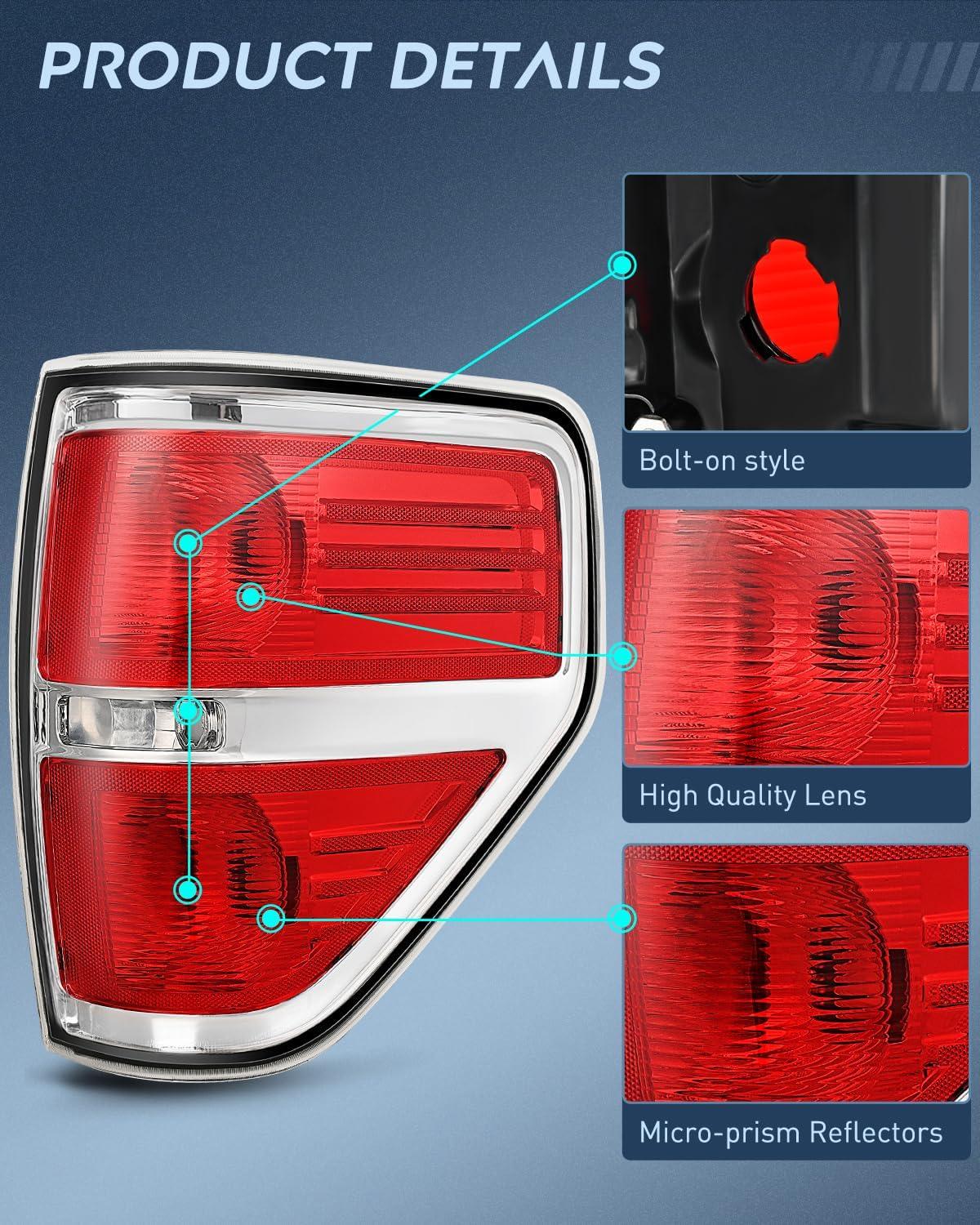 imageNilight Passenger Side Taillight Assembly for 2009 2010 2011 2012 2013 2014 Ford FF150 F150 Pickup Truck Right Rear Lamp Replacement OE Style Red Housing Tail lampChromePassenger Side